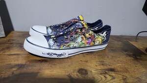 Vintage Ed Hardy Tattoo Print Canvas Low Top Laceless Sneakers Size 10